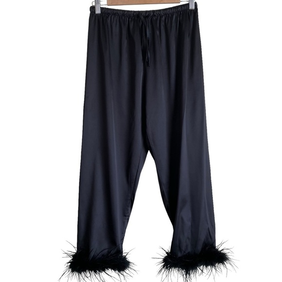 Feather Trimmed Black Satin Pajama Pants Bottoms Elastic Waist Drawstring Sz M - Picture 1 of 16